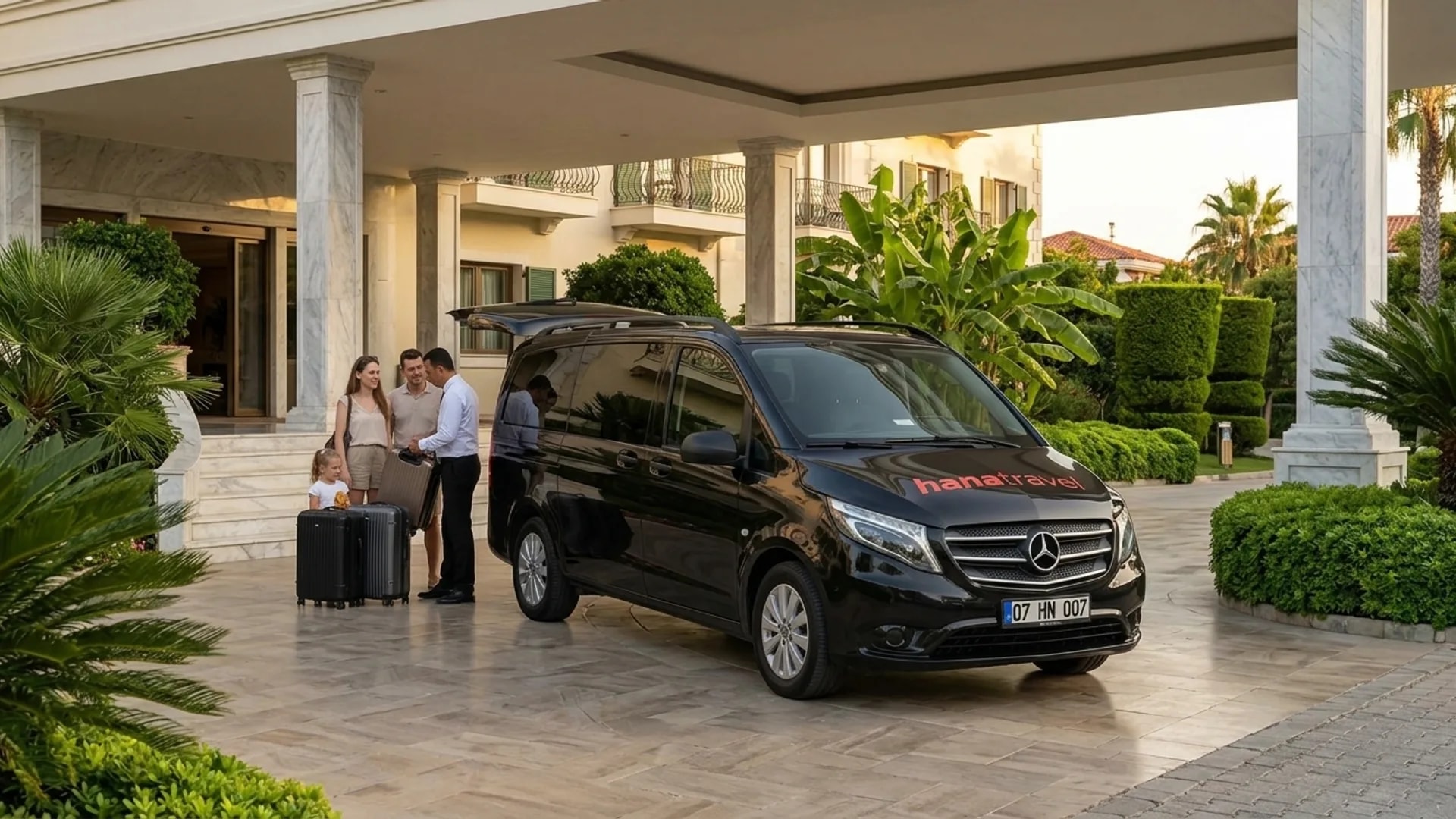 Kundu hotels taxi: straight to the lobby Driver lifting suitcases out of the Hana Travel van under the portico of a grand beach resort after a transfer to Kundu hotels